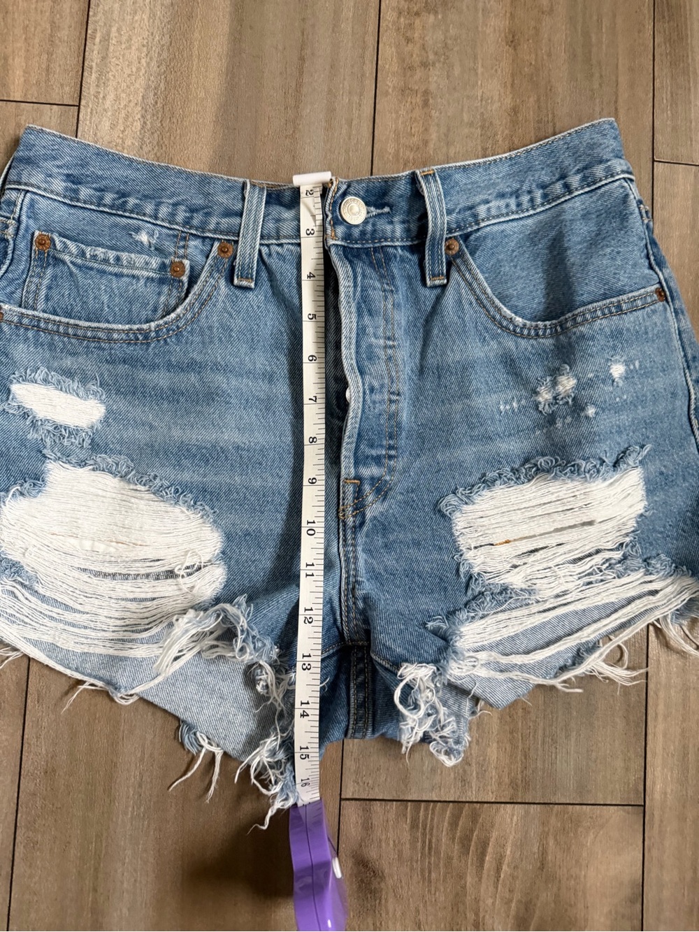 Levi's  501 Light Blue Distressed High-Rise Denim Shorts - Picture 14 of 14